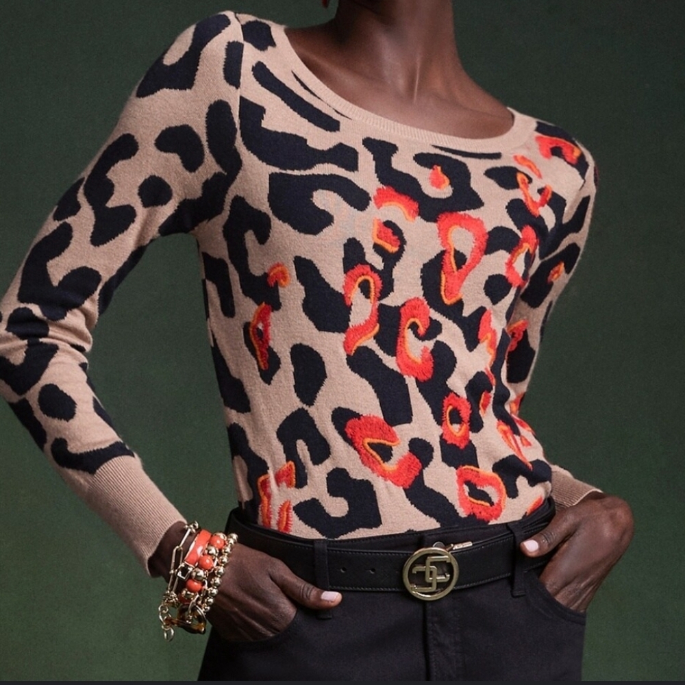 Chico's Embroidered Leopard Jaquered Sweater - Size 10/M